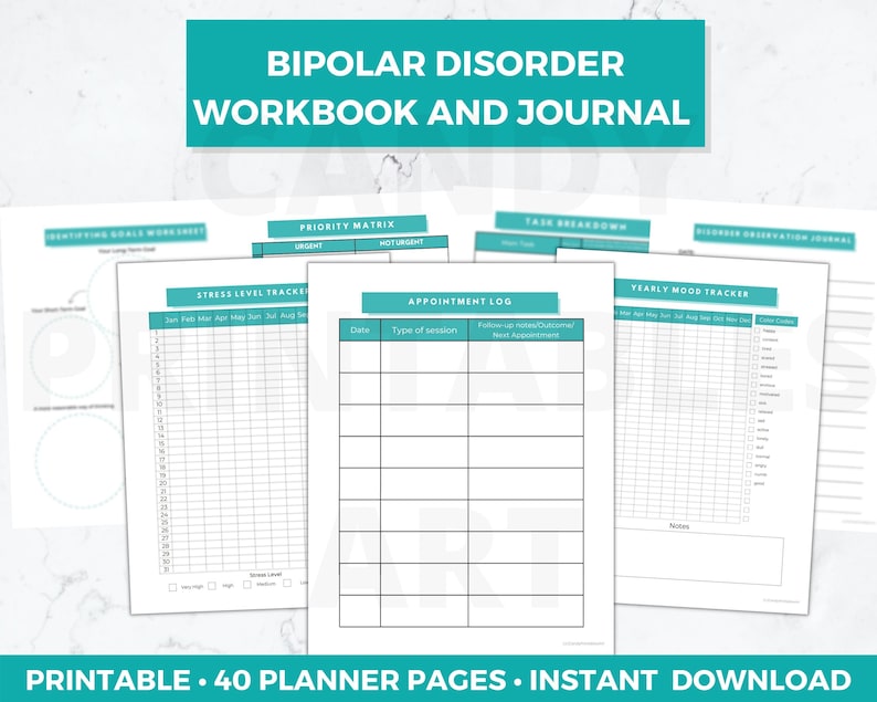 Bipolar Journal with Mood Tracker, printable PDF, 40 pages A4 and US Letter size, instant digital download. Black font and blue accent color.
