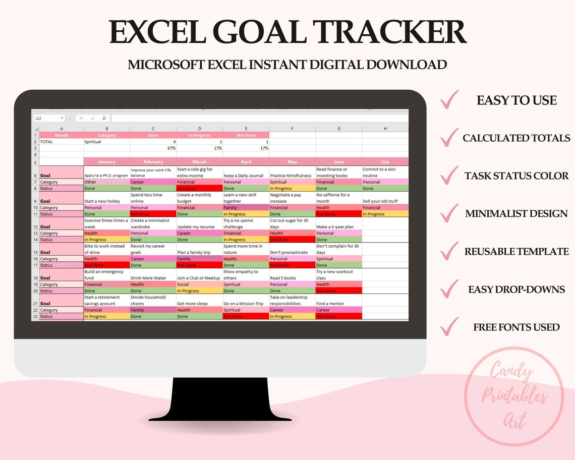 Goal Tracker Excel Goals Setting Planner Template Monthly Etsy