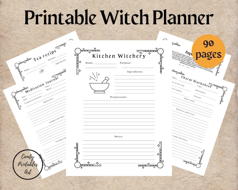 Puede incluir: Un planificador de brujas imprimible con p&aacute;ginas para recetas de t&eacute;, diarios de meditaci&oacute;n y cocina de brujas. El planificador incluye una hoja de trabajo de encantos y tiene 90 p&aacute;ginas. El dise&ntilde;o es en blanco y negro con bordes decorativos.