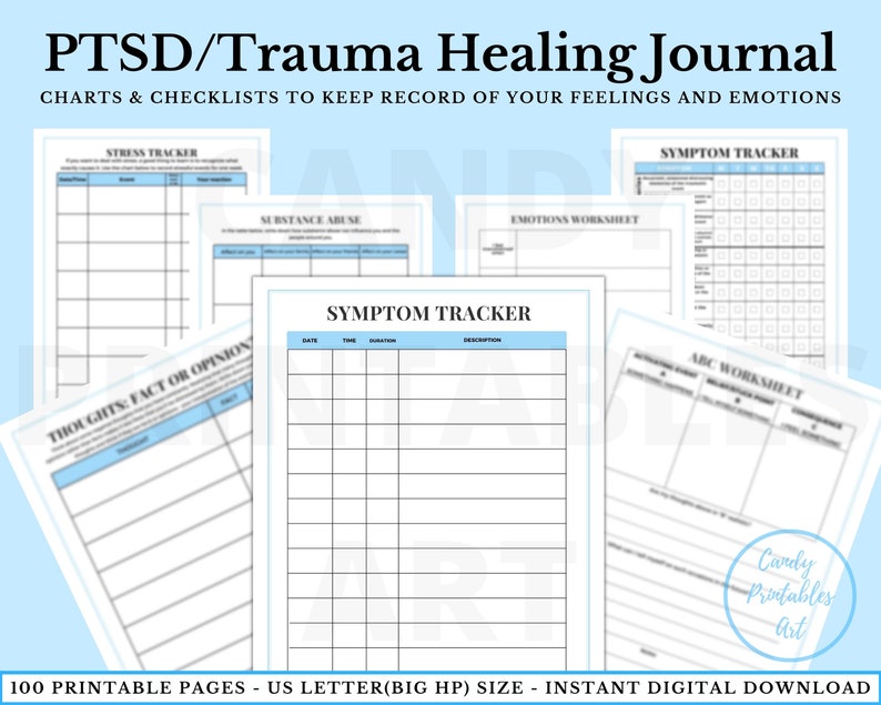 May include: A digital download of printable worksheets for a PTSD/Trauma Healing Journal. The worksheets include a stress tracker, substance abuse tracker, emotions worksheet, symptom tracker, thoughts fact or opinion, and ABC worksheet. The journal is designed to help people keep track of their feelings and emotions.