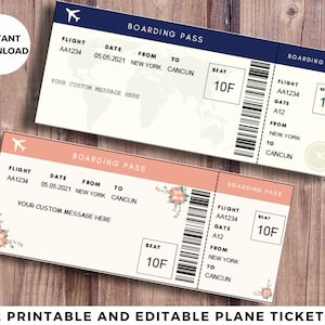 Faux billet d'avion, modèle de carte d'embarquement modifiable, invitation vierge pour un voyage surprise