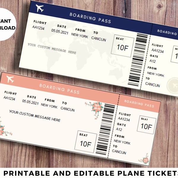 Faux billet d'avion, modèle de carte d'embarquement modifiable, invitation vierge pour un voyage surprise