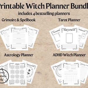 Puede incluir: Un paquete de planificadores de brujas imprimibles que incluye cuatro planificadores: Grimoire & Spellbook, Tarot Planner, Astrology Planner y ADHD Witch Planner. Cada planificador presenta texto negro y bordes decorativos sobre papel blanco.