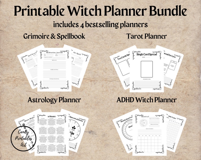 Puede incluir: Un paquete de planificadores de brujas imprimibles que incluye cuatro planificadores: Grimoire & Spellbook, Tarot Planner, Astrology Planner y ADHD Witch Planner. Cada planificador presenta texto negro y bordes decorativos sobre papel blanco.