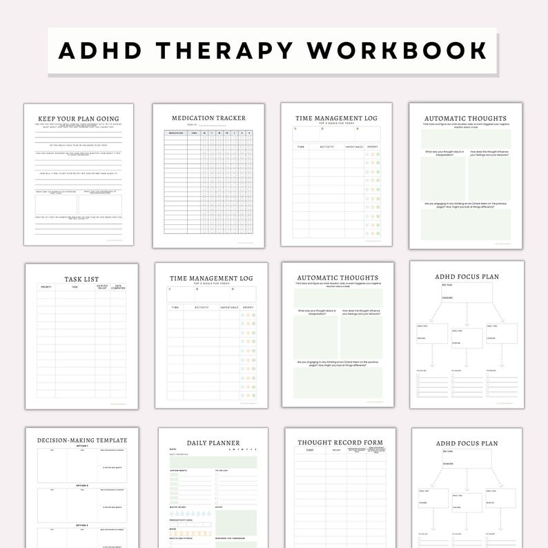 ADHD Planner, printable Adult ADHD workbook, organizer, daily planner, self care & growth mindset pages, science based