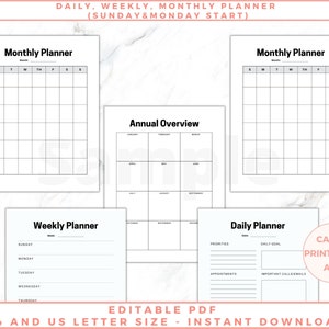 The image shows small business planner pages -  daily, monthly and weekly undated sheets. Black and white pages, no graphics, minimalist design. The files are editable in free Adobe Acrobat Reader. The files come in US Letter and A4 size.
