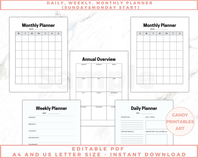 The image shows small business planner pages -  daily, monthly and weekly undated sheets. Black and white pages, no graphics, minimalist design. The files are editable in free Adobe Acrobat Reader. The files come in US Letter and A4 size.