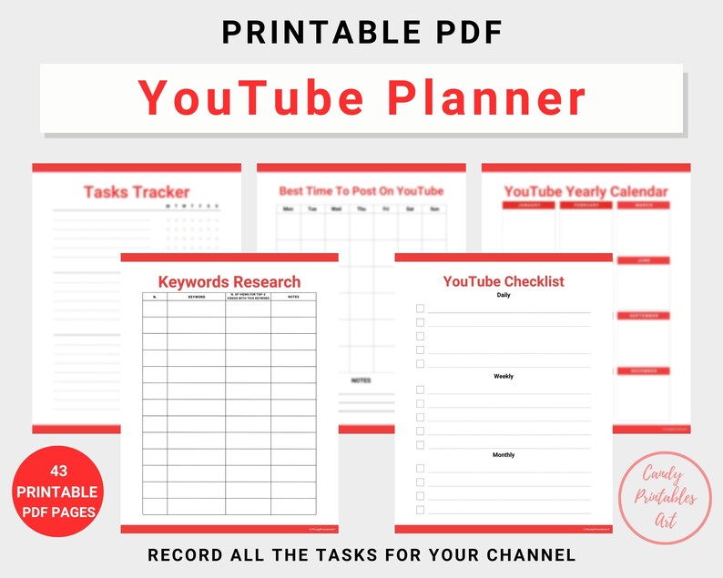 YouTube Blogger Planner, instant download file, US Letter size, red accent color, PDF format file, 43 pages