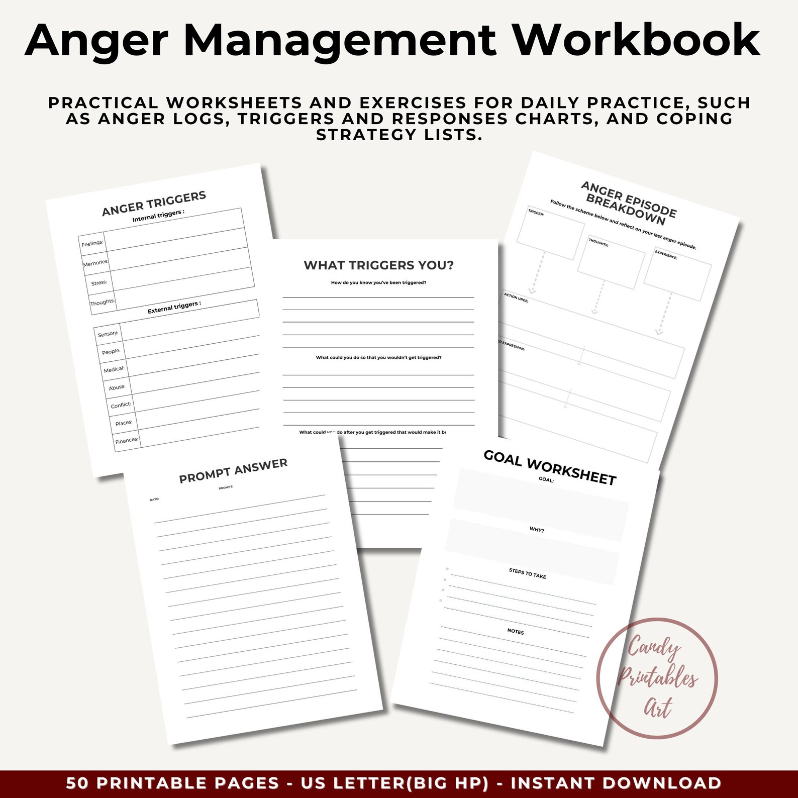 Anger Management Worksheets for Adults, Teens, CBT Anger Workbook ...