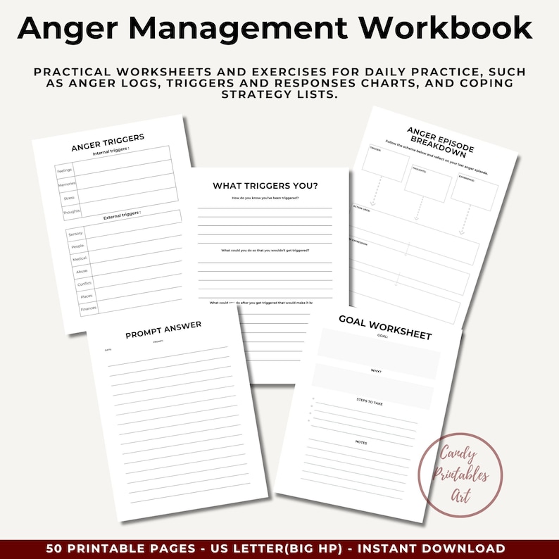 Printable worksheet from Anger Management Worksheets showing triggers and responses, anger workbook for teens and adults with guided exercises, pdf file