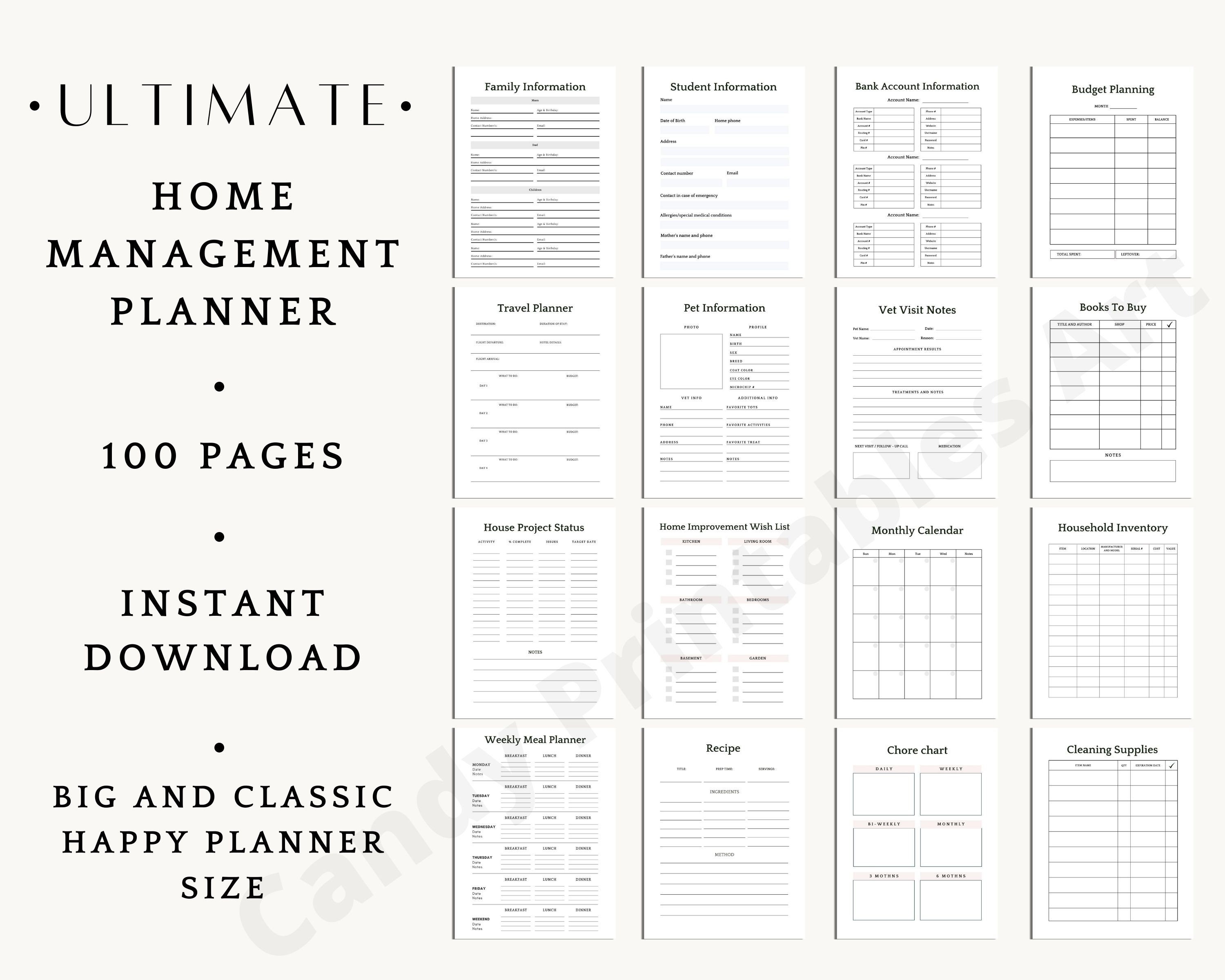 Home Management Binder Printable, Checklists for Household Organization, Family Life Planner