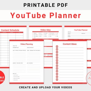 YouTube Journal printable, instant digital download file, US Letter size, red accent color, PDF format, 43 pages
