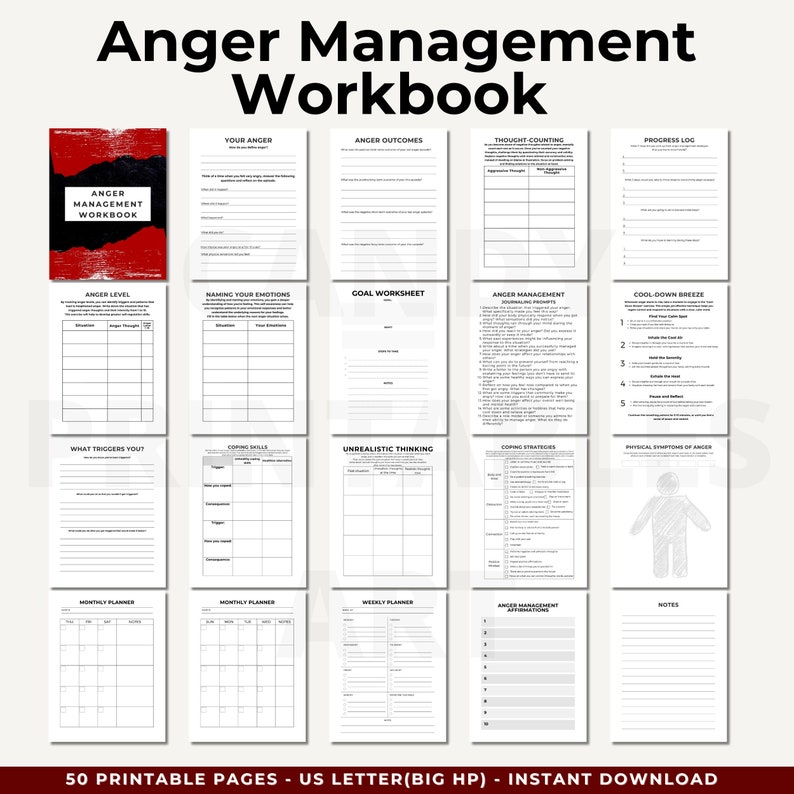 Anger Management Workbook for adults printable featuring exercises and techniques, digital download
