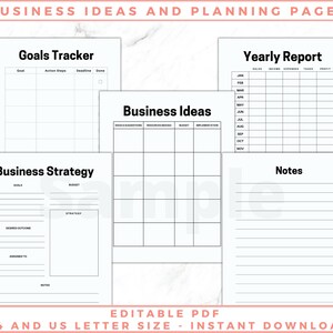 The image shows craft business planner pages - goals tracker, business strategy worksheet, notes. Black and white pages, no graphics, minimalist design. The files are editable in free Adobe Acrobat Reader. The files come in US Letter and A4 size.