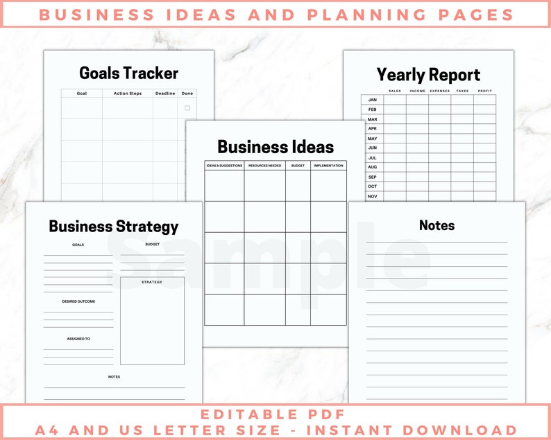 The image shows craft business planner pages - goals tracker, business strategy worksheet, notes. Black and white pages, no graphics, minimalist design. The files are editable in free Adobe Acrobat Reader. The files come in US Letter and A4 size.