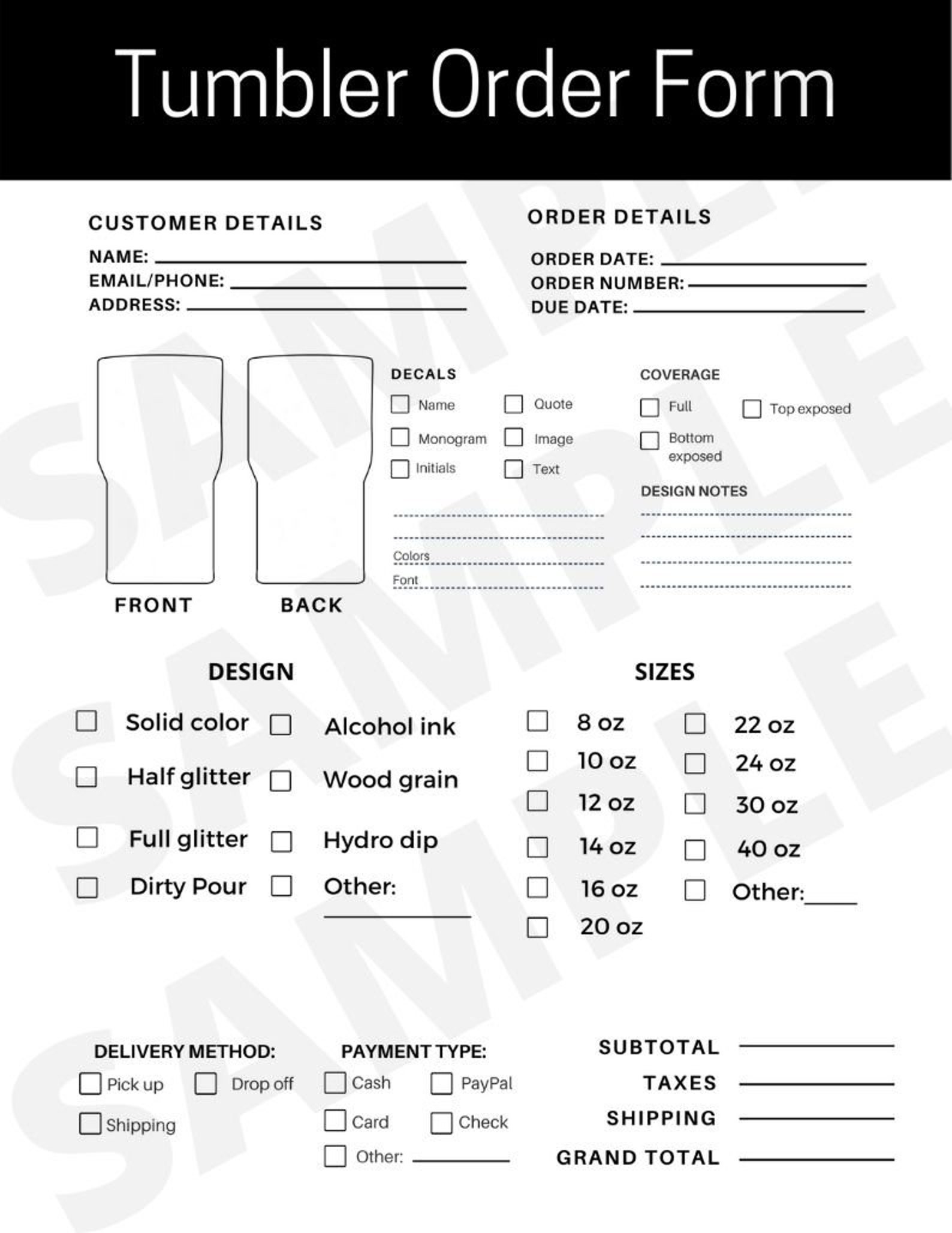 Tumbler order form editable order fill out form tumbler etsy