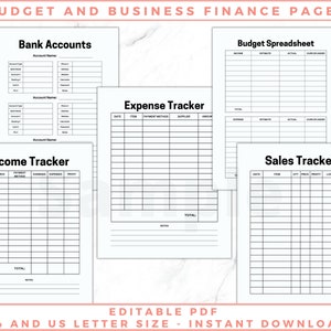 The image shows small business planner pages - sales trackers, budget sheets, expense trackers. Black and white pages, no graphics, minimalist design. The files are editable in free Adobe Acrobat Reader. The files come in US Letter and A4 size.