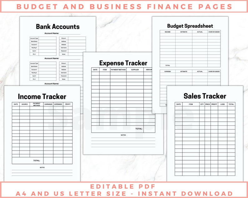 The image shows small business planner pages - sales trackers, budget sheets, expense trackers. Black and white pages, no graphics, minimalist design. The files are editable in free Adobe Acrobat Reader. The files come in US Letter and A4 size.