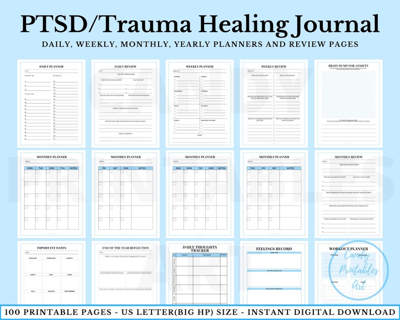 May include: A printable journal with 100 pages designed to help with PTSD and trauma healing. The journal includes daily, weekly, monthly, and yearly planners, as well as review pages. The journal is in US Letter size.