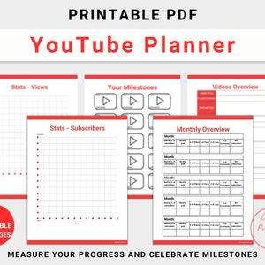 YouTube Blogger Planner, instant download file, US Letter size, red accent color, PDF format file, 43 pages