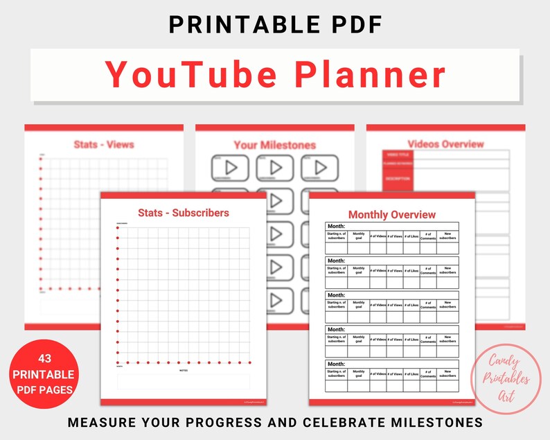 YouTube Blogger Planner, instant download file, US Letter size, red accent color, PDF format file, 43 pages