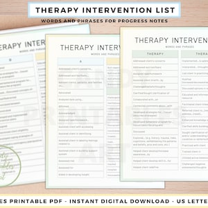 Therapy Intervention List, Progress Notes for Therapist Cheat Sheet, Clinical Terms Template