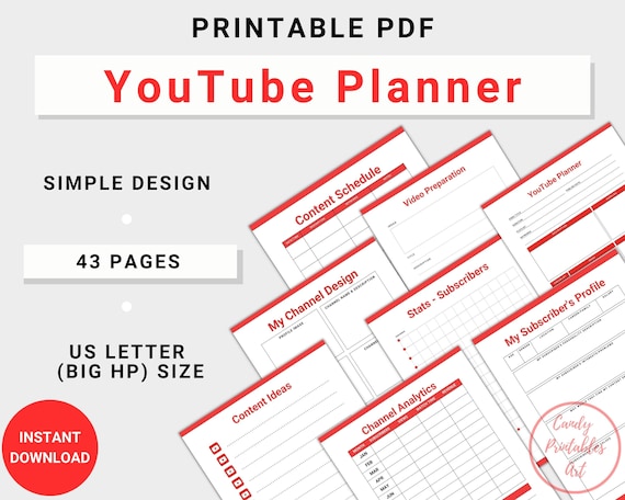 Printable YouTube Planner: Content Creator & Social Media Strategy (PDF)