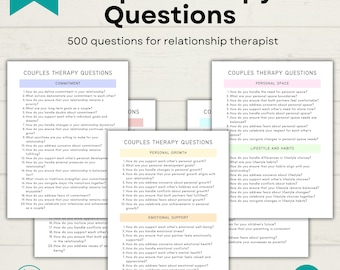 May include: A printable worksheet with a pink and blue color scheme, titled "Couple Therapy Questions". The worksheet contains a list of questions for couples to discuss in therapy, categorized by topics such as commitment, personal growth, emotional support, personal space, lifestyle and habits, and parenting.