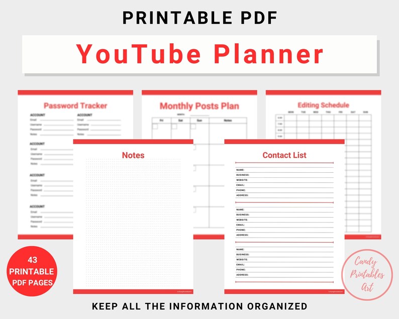 YouTube Planner for video content creators, instant digital download file, US Letter size, red accent color, PDF format, 43 pages