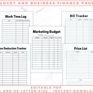 The image shows craft business planner pages - price list, bill tracker, tax deduction tracker. Black and white pages, no graphics, minimalist design. The files are editable in free Adobe Acrobat Reader. The files come in US Letter and A4 size.