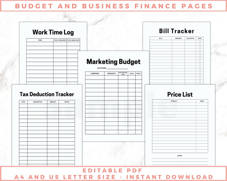 The image shows craft business planner pages - price list, bill tracker, tax deduction tracker. Black and white pages, no graphics, minimalist design. The files are editable in free Adobe Acrobat Reader. The files come in US Letter and A4 size.