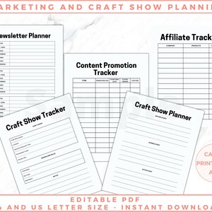The image shows craft business planner pages - craft show planning worksheets. Black and white pages, no graphics, minimalist design. The files are editable in free Adobe Acrobat Reader. The files come in US Letter and A4 size.