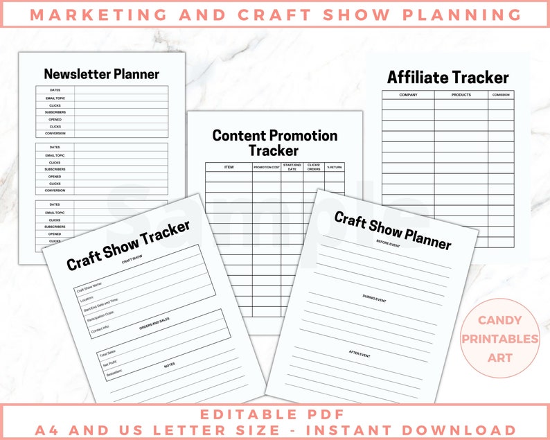 The image shows craft business planner pages - craft show planning worksheets. Black and white pages, no graphics, minimalist design. The files are editable in free Adobe Acrobat Reader. The files come in US Letter and A4 size.
