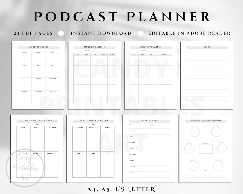 A printable podcast planner page with space for brainstorming episode ideas, guest interviews, and discussion topics
