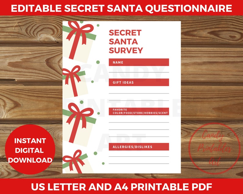 Secret Santa Questionnaire Printable Secret Santa Form Work - Etsy