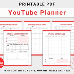 YouTube Planner for video content creators, instant digital download file, US Letter size, red accent color, PDF format, 43 pages