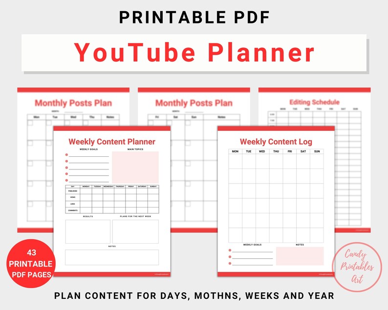 YouTube Planner for video content creators, instant digital download file, US Letter size, red accent color, PDF format, 43 pages