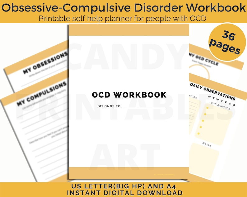 obsessive-compulsive disorder, OCD worksheets, cbt for ocd, therapist gift, yellow ocd workbook, instant digital download file