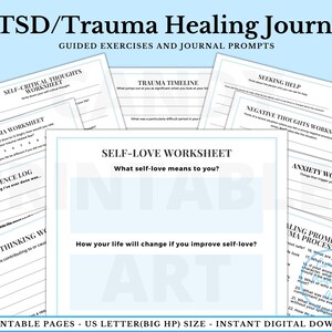 May include: A printable journal with worksheets and prompts for PTSD and trauma healing. The journal includes exercises like self-love, trauma timeline, negative thoughts, and anxiety triggers. The journal is designed to help people process and heal from trauma.