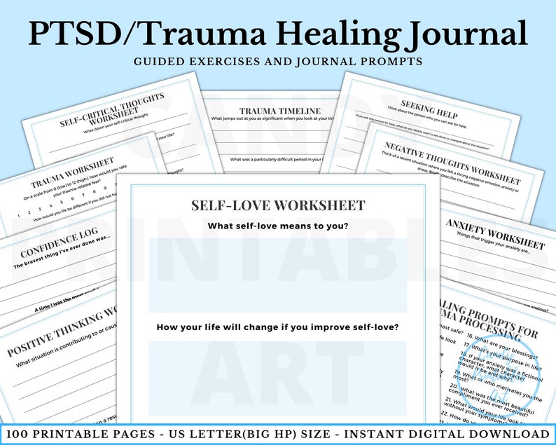 May include: A printable journal with worksheets and prompts for PTSD and trauma healing. The journal includes exercises like self-love, trauma timeline, negative thoughts, and anxiety triggers. The journal is designed to help people process and heal from trauma.
