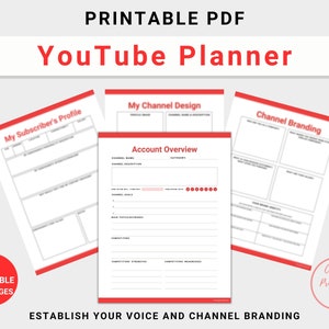 YouTube content planner printable, instant digital download file, US Letter size, red accent color, PDF file, 43 pages