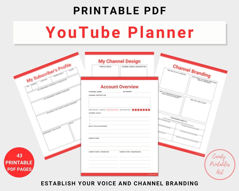 YouTube content planner printable, instant digital download file, US Letter size, red accent color, PDF file, 43 pages