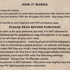 Puede incluir: Texto sobre un fondo beige que explica c&oacute;mo comprar y usar un planificador digital. Incluye instrucciones y una secci&oacute;n "POR FAVOR, LEA ANTES DE COMPRAR" con informaci&oacute;n importante.