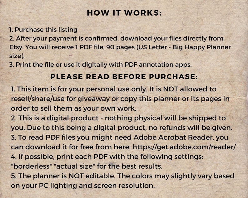 Puede incluir: Texto sobre un fondo beige que explica c&oacute;mo comprar y usar un planificador digital. Incluye instrucciones y una secci&oacute;n "POR FAVOR, LEA ANTES DE COMPRAR" con informaci&oacute;n importante.