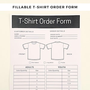 Tshirt Order Form for Small Business, Editable Template PDF, Letter and A4