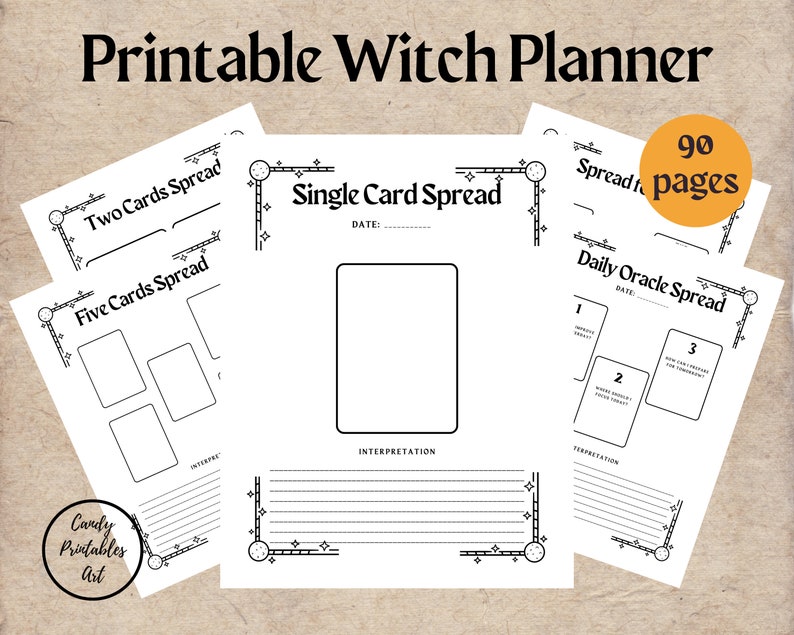 Puede incluir: Un planificador de brujas imprimible con dise&ntilde;os para tiradas de cartas del tarot, incluyendo tiradas de dos cartas, cinco cartas y una sola carta. Incluye una tirada de or&aacute;culo diaria y tiene 90 p&aacute;ginas. El t&iacute;tulo es "Printable Witch Planner".
