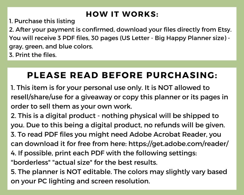 Pu&ograve; includere: Un planner digitale con istruzioni su come acquistarlo e usarlo. Il planner &egrave; disponibile in tre colori: grigio, verde e blu. Non &egrave; modificabile ed &egrave; solo per uso personale.