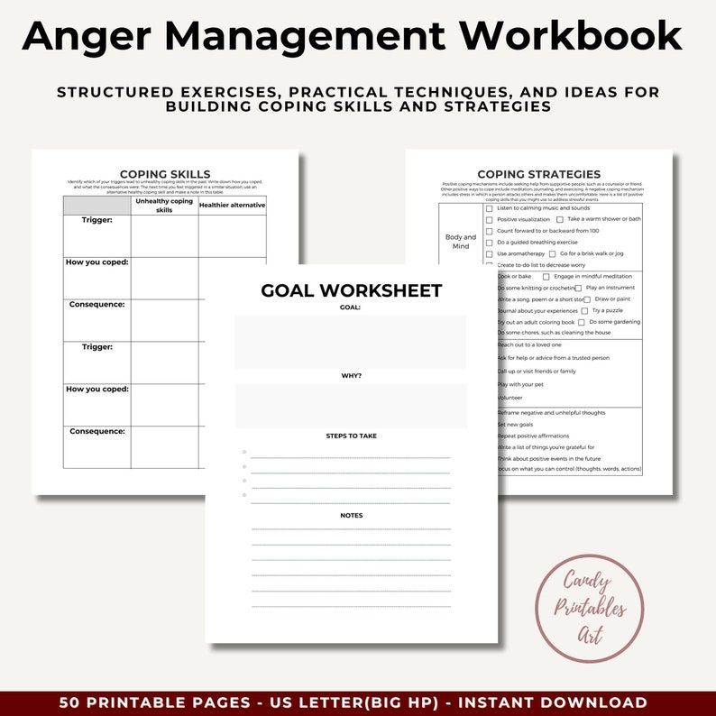 anger coping skills and strategies worksheets from anger workbook printable,instant digital download file, PDF, printable anger therapy tool for therapist