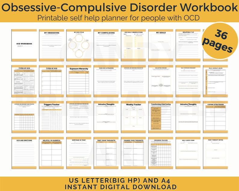 ocd workbook, OCD planner for ERP therapy, instant digital download, 36 pages, PDF, yellow color, ocd awareness gift, Digital OCD therapy workbook PDF – printable mental health journal for managing obsessions and compulsions