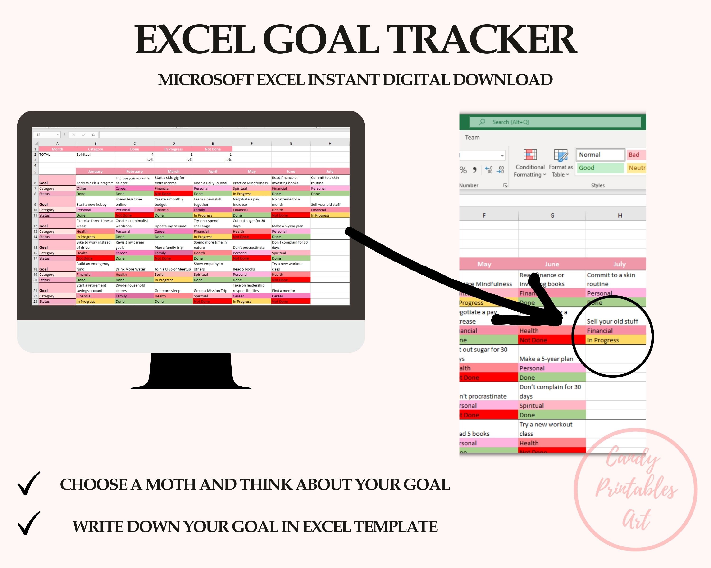 Goal Tracker Excel Goals Setting Planner Template Monthly Etsy